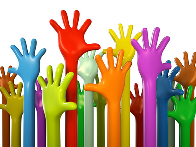 lots of colorful hands in the air