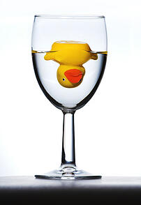 Photo of a duck upside down in a wine glass.