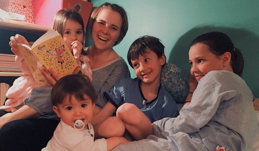an au pair with her 4 host siblings having a great time