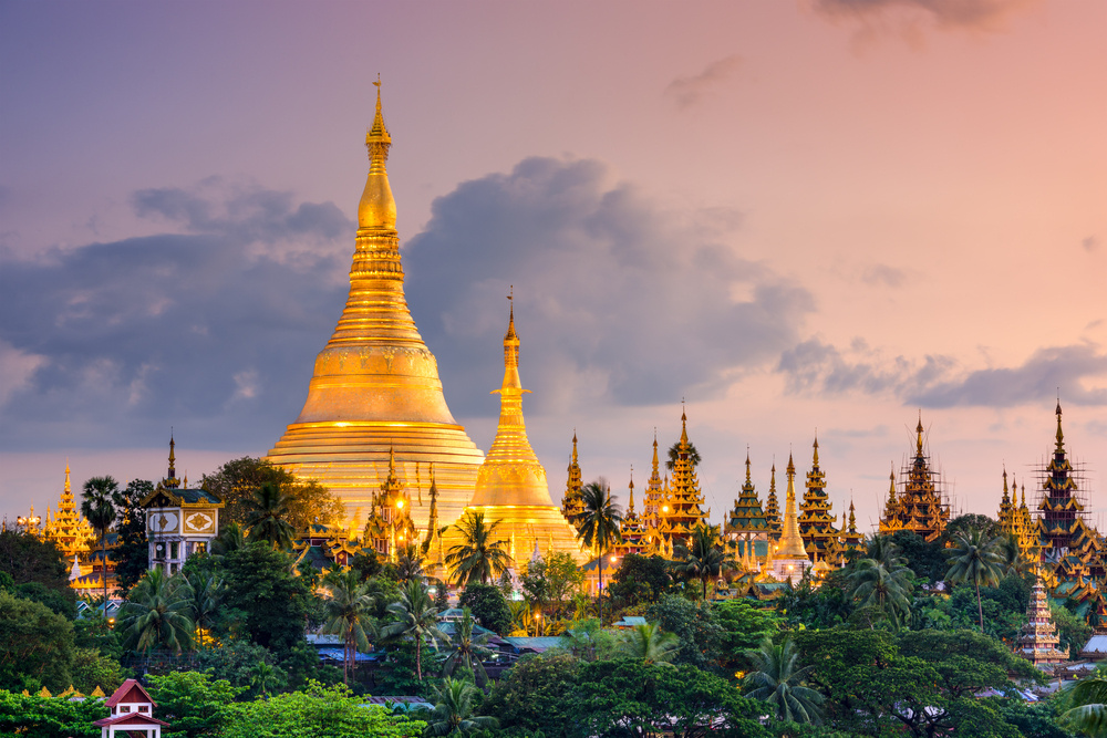 Yangon, Myanmar view of Shwedagon Pagoda at dusk.